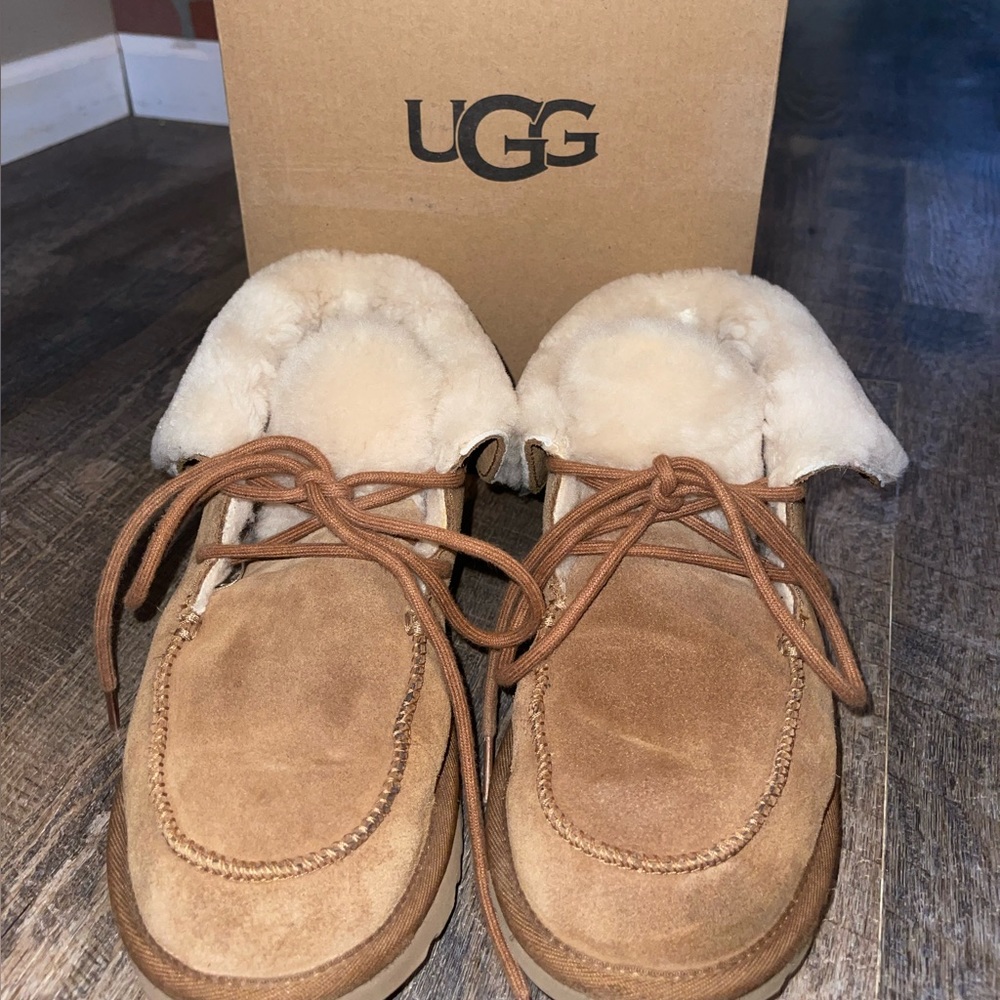 UGG Chestnut Suede Ankle Booties with Shearling Collar